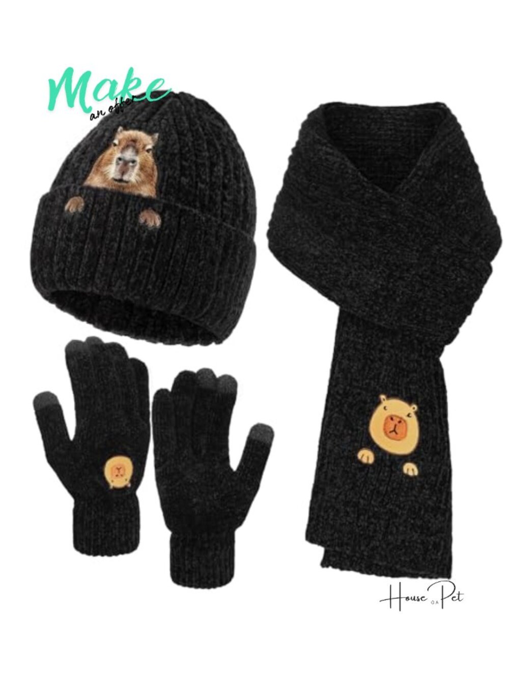 Knit Beanie Scarf Touchscreen Gloves 3 Piece Set Winter Warm